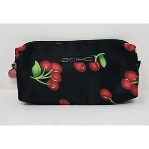 Soho Black Cosmetic Bag with Red Cherry Print – Zipper Pouch Makeup Case